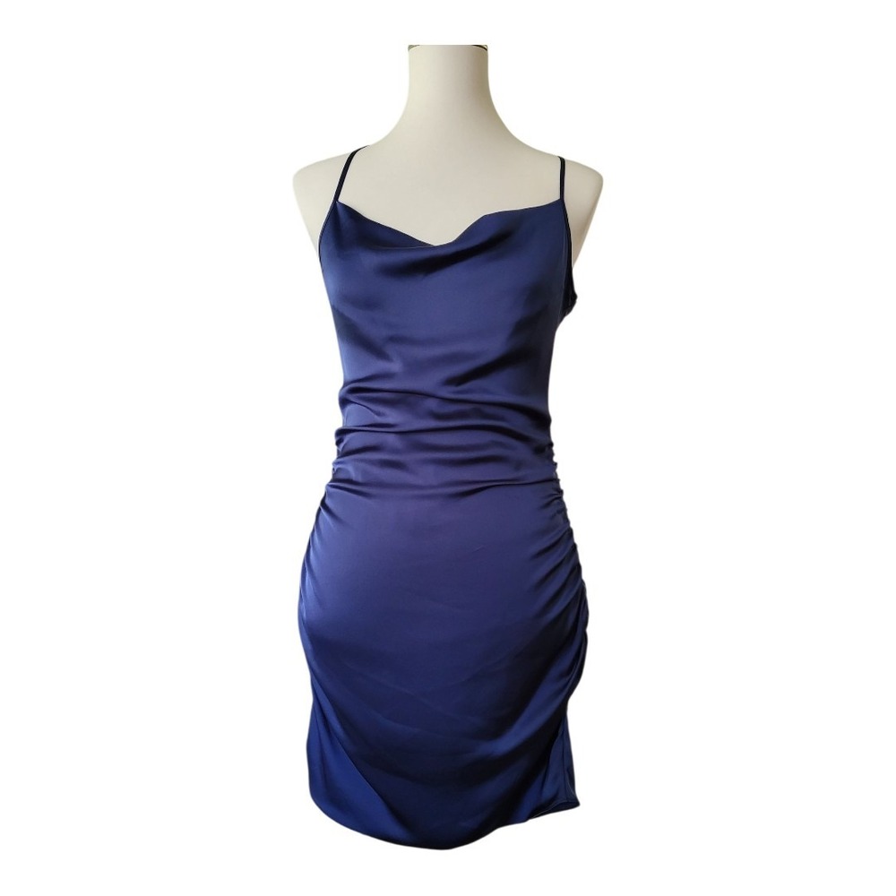 Ramy Brook Kiki Ruched Satin Cowl Neck Mini Slip Dress Size 4 Navy Blue Bodycon